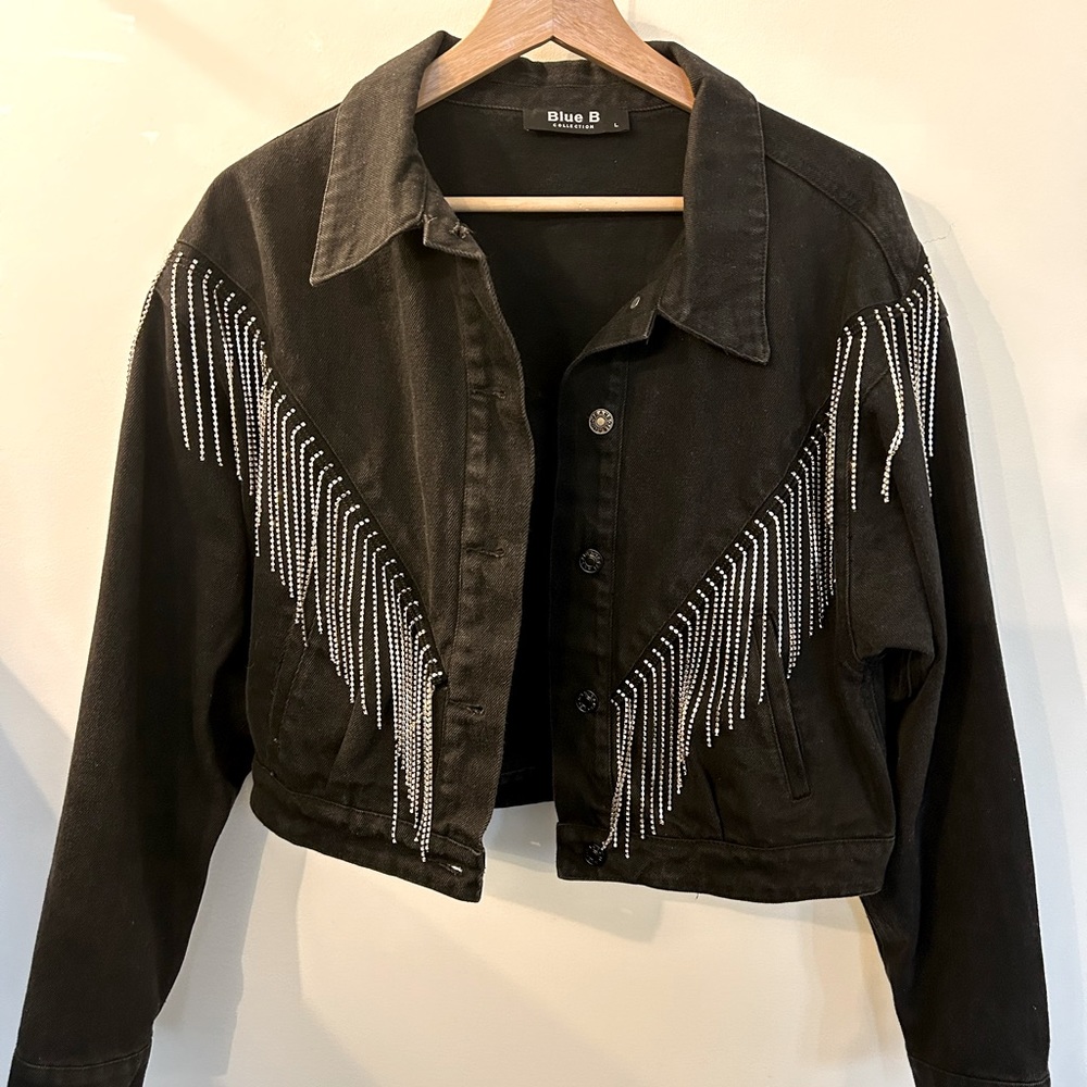 Rhinestone fringe denim jacket